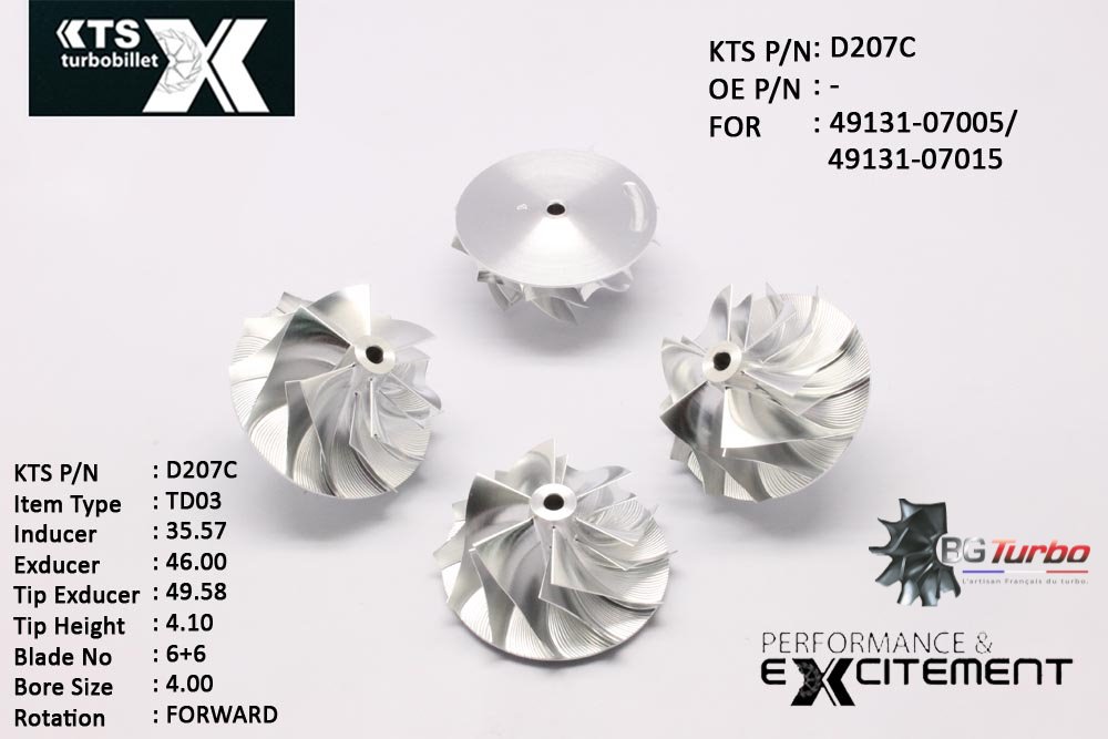 Turbo ROUE FORGÉE MFS PERFORMANCE - 6+6 PALES - INDUCER : 35,57 - EXDUCER : 46 - TYPE : TD03ANGLE : 60° - ROTATION : Forward - SUPER BACK : 1,68 - BORE SIZE : 4

